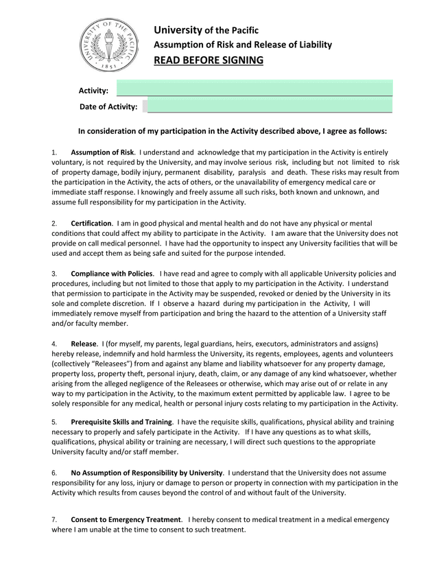 Activity Participation Waiver screenshot