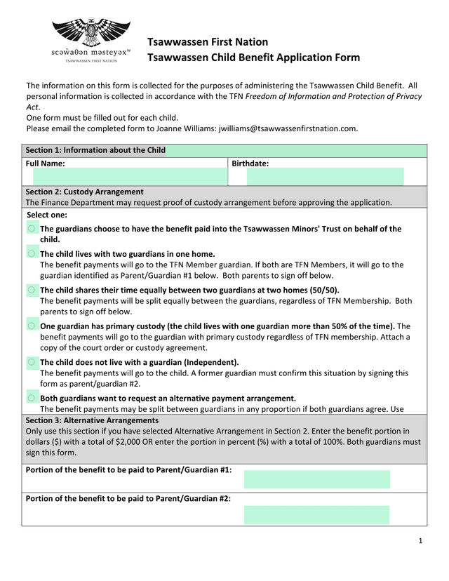 Tsawwassen Child Benefit Application Form screenshot