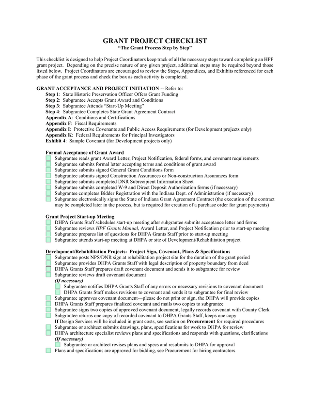 Grant Project Checklist screenshot