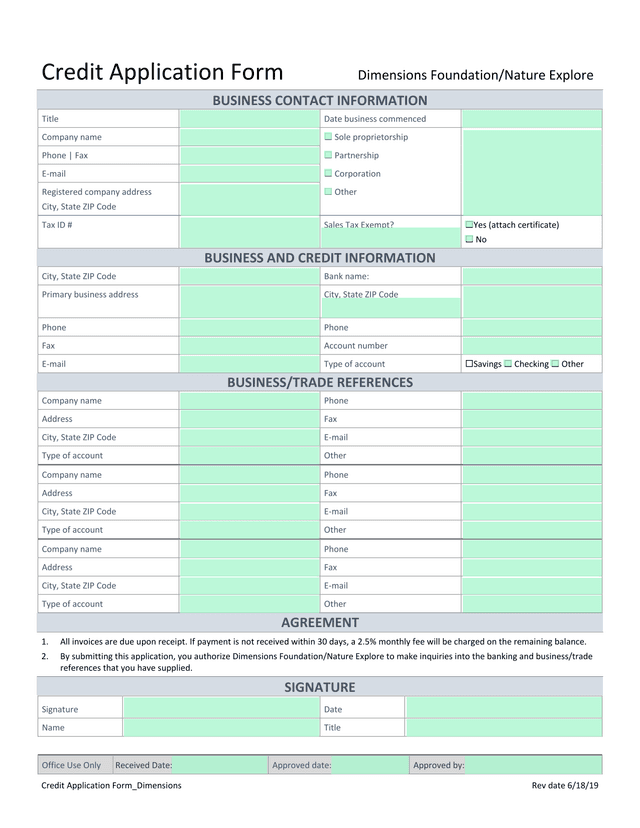 Credit Application Form screenshot