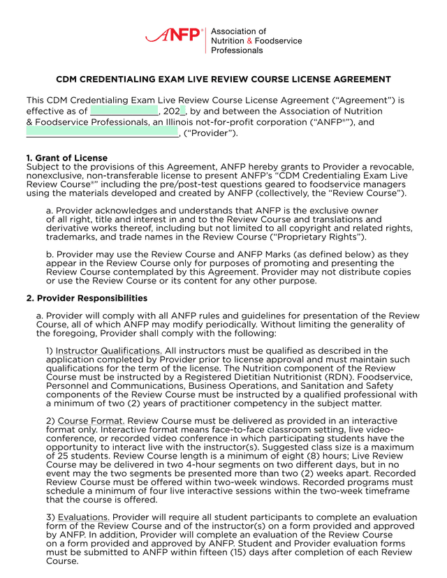 CDM Credentialing Exam Live Review Course License Agreement screenshot