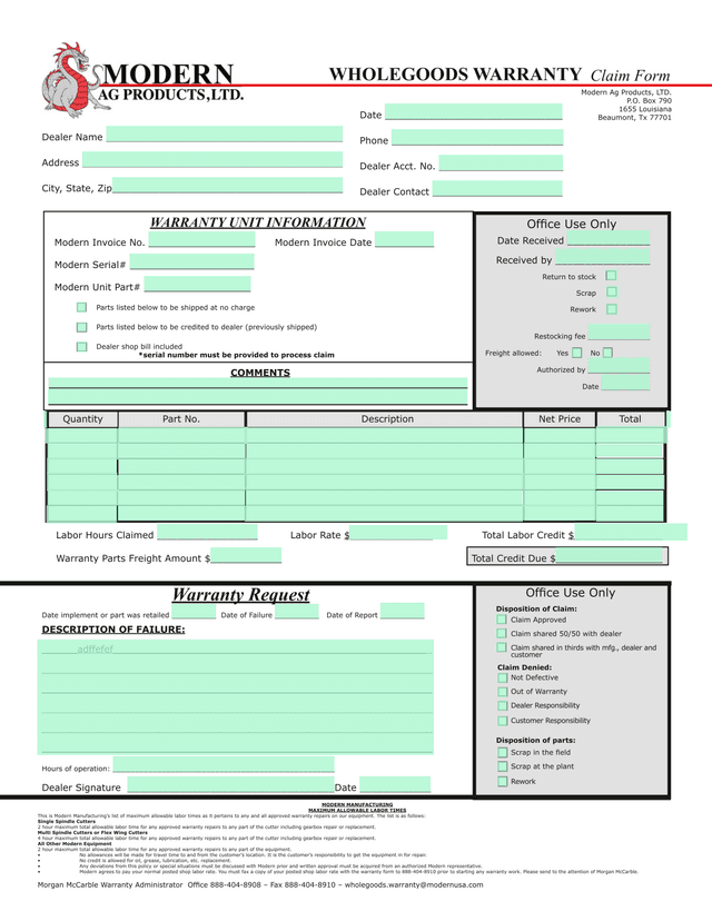 WHOLEGOODS WARRANTY Claim Form screenshot