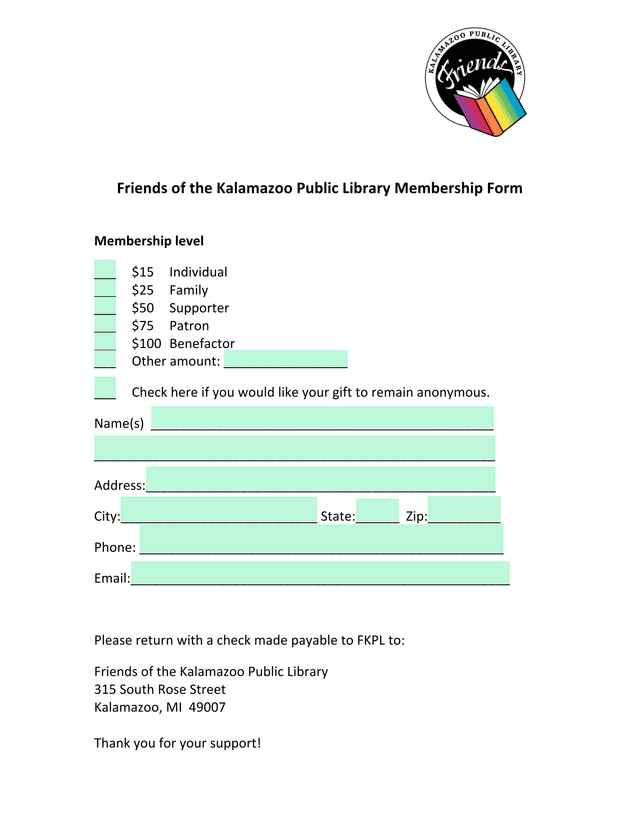 Friends Of The Kalamazoo Public Library Membership Form screenshot