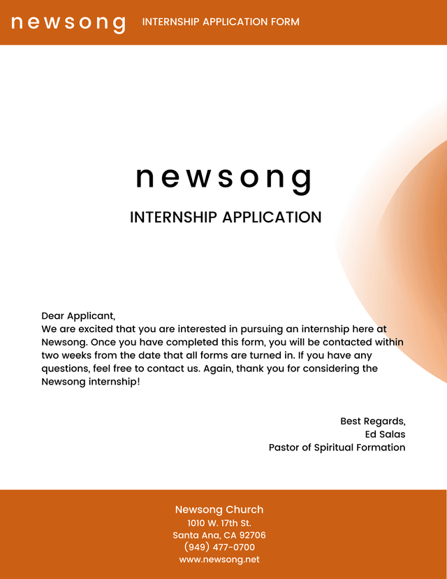 Newsong Internship Application Form screenshot