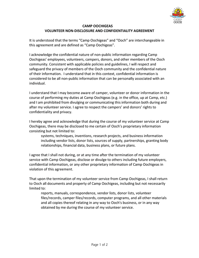 Camp Oochigeas Volunteer Non Disclosure And Confidentiality Agreement screenshot