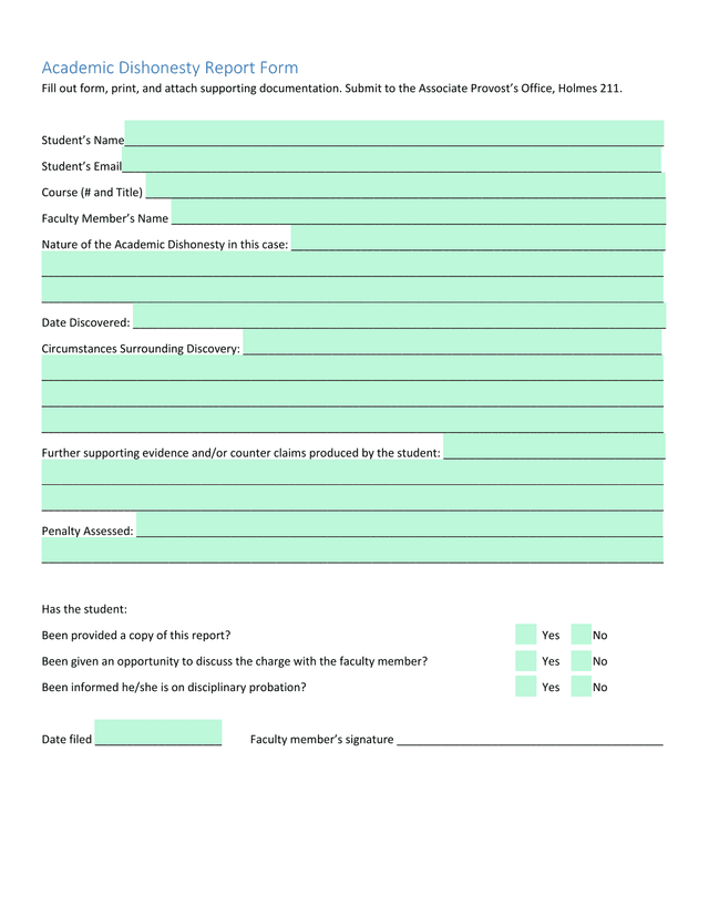 Academic Dishonesty Report Form screenshot