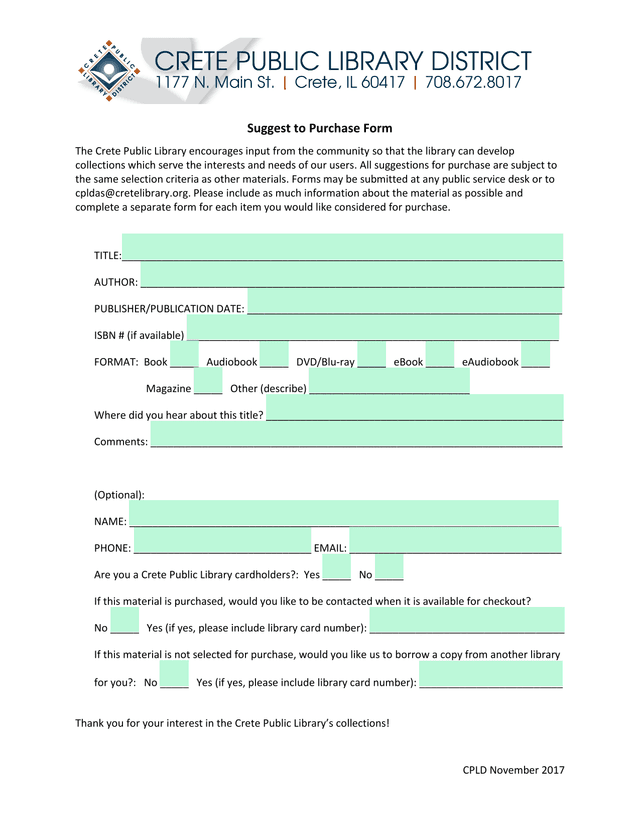 Suggest To Purchase Form screenshot