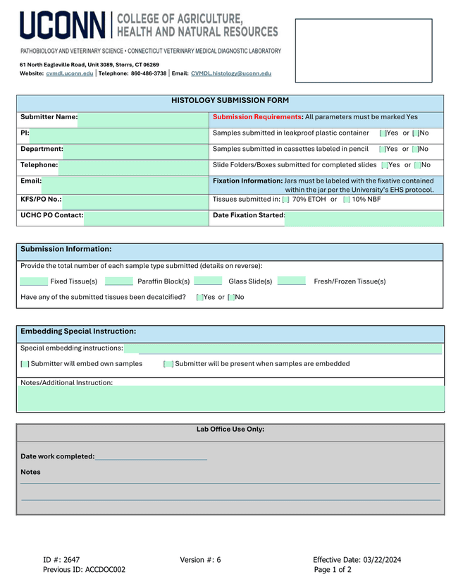 Histology Submission Form screenshot