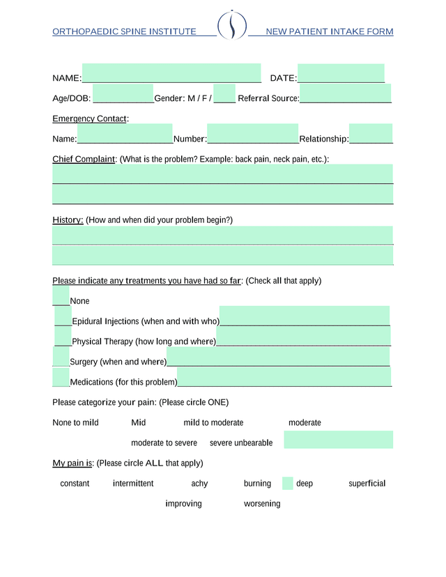 NEW PATIENT INTAKE FORM screenshot