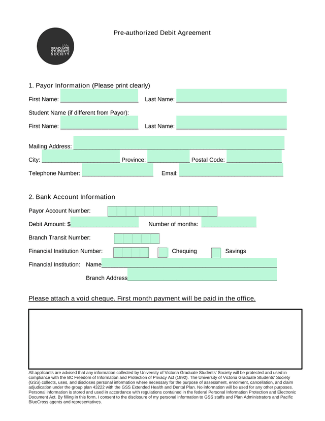 Pre Authorized Debit Agreement screenshot