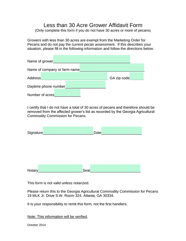 Less Than 30 Acre Grower Affidavit Form screenshot