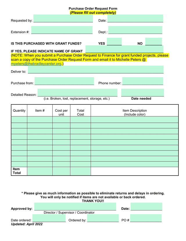 Purchase Order Request Form screenshot