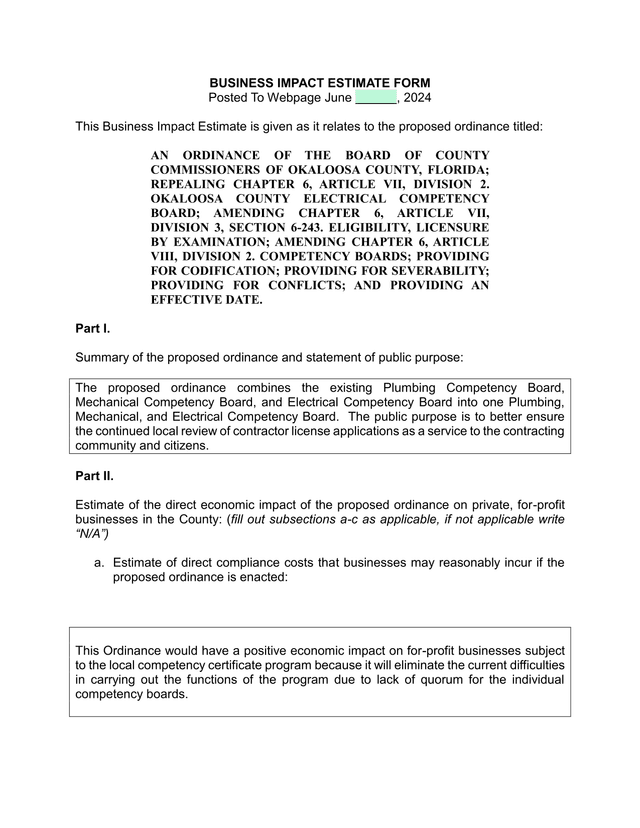Business Impact Estimate Form screenshot