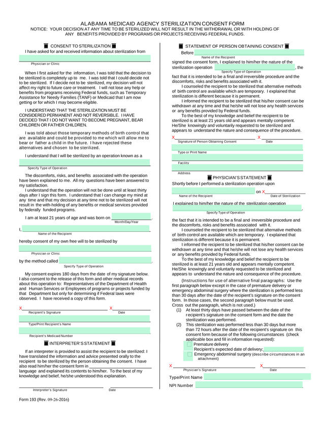 Form 193   Alabama Medicaid Agency Sterilization Consent Form screenshot