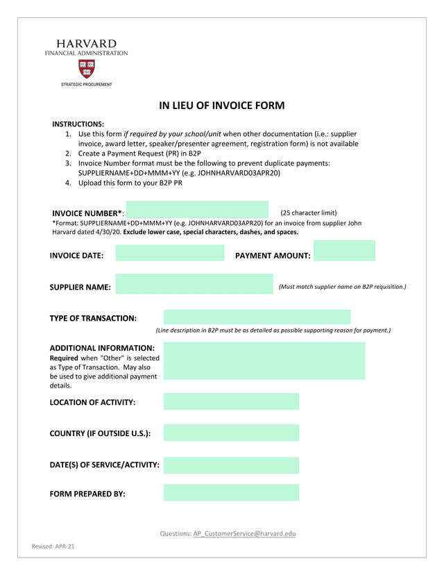 IN LIEU OF INVOICE FORM screenshot