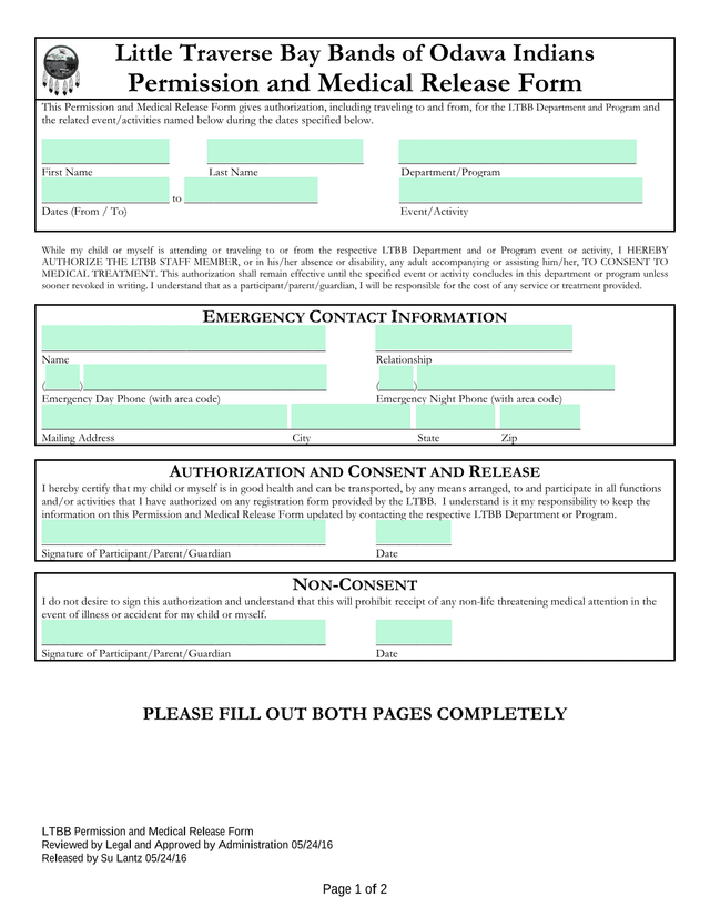 LTBB Permission And Medical Release Form screenshot