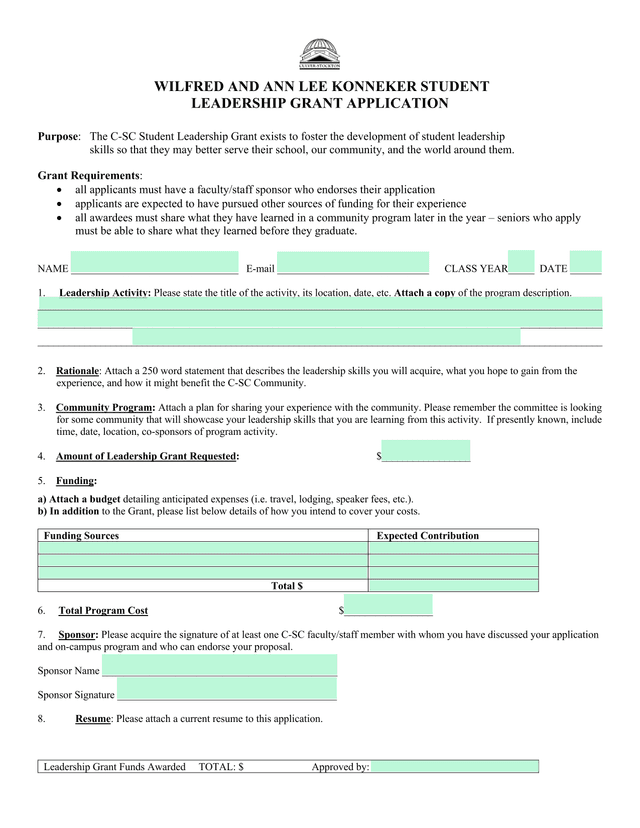 Wilfred And Ann Lee Konneker Student Leadership Grant Application screenshot