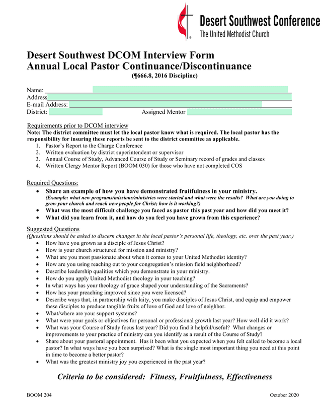 BOOM 204 Desert Southwest DCOM Interview Form screenshot