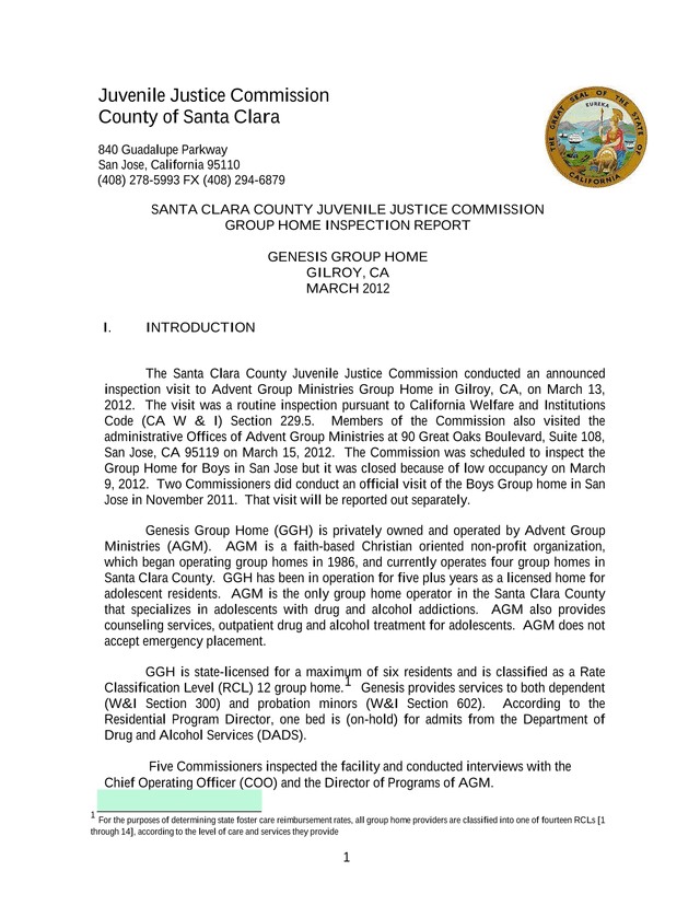 Santa Clara County Juvenile Justice Commission Group Home Inspection Report screenshot