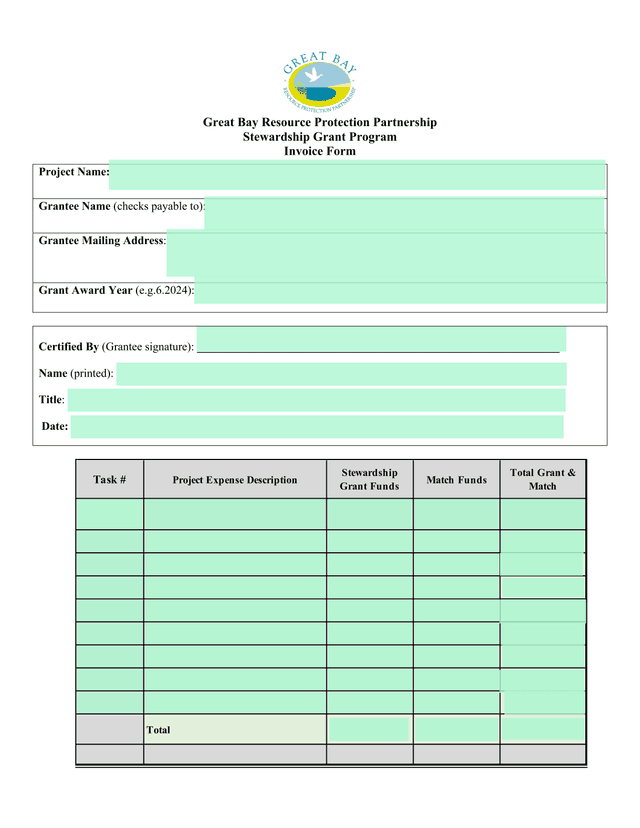 Great Bay Resource Protection Partnership Stewardship Grant Program Invoice Form screenshot