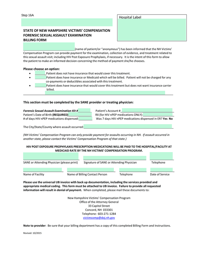 STATE OF NEW HAMPSHIRE VICTIMS COMPENSATION FORENSIC SEXUAL ASSAULT EXAMINATION BILLING FORM screenshot