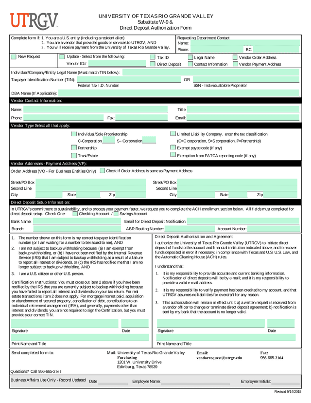 Substitute W 9  Direct Deposit Authorization Form screenshot
