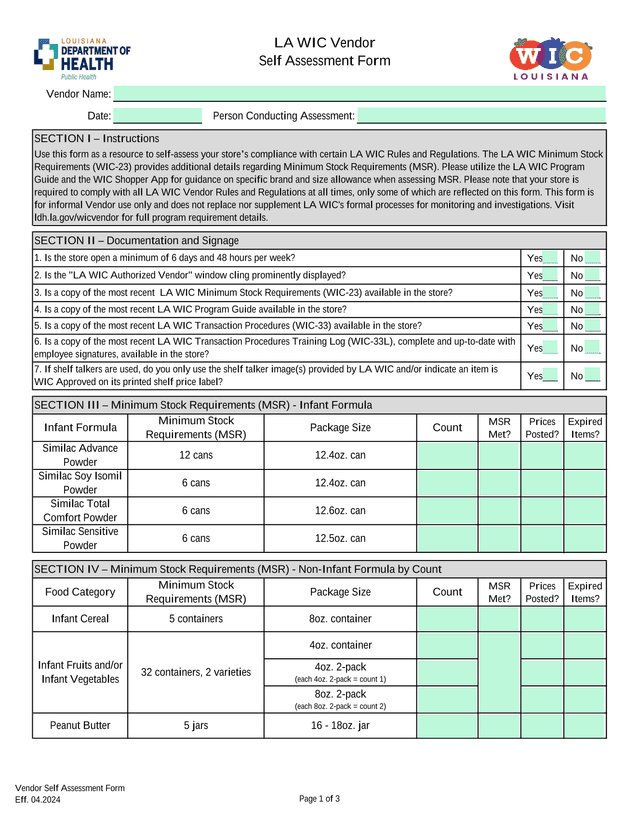 Vendor Self Assessment Form screenshot