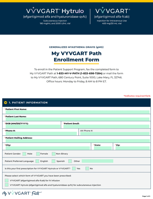 My VYVGART Path Enrollment Form screenshot