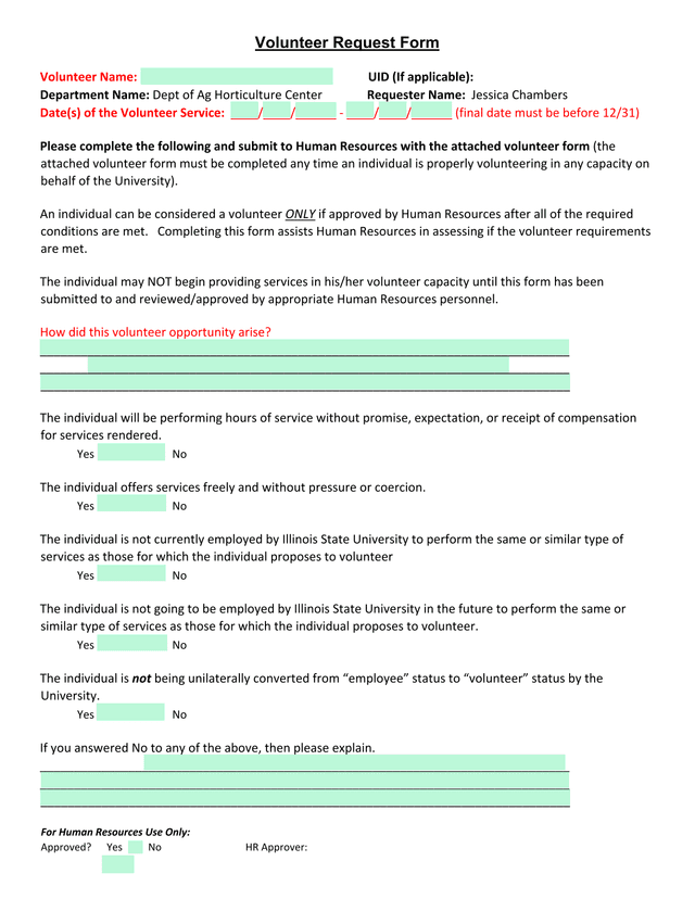 Volunteer Request Form screenshot
