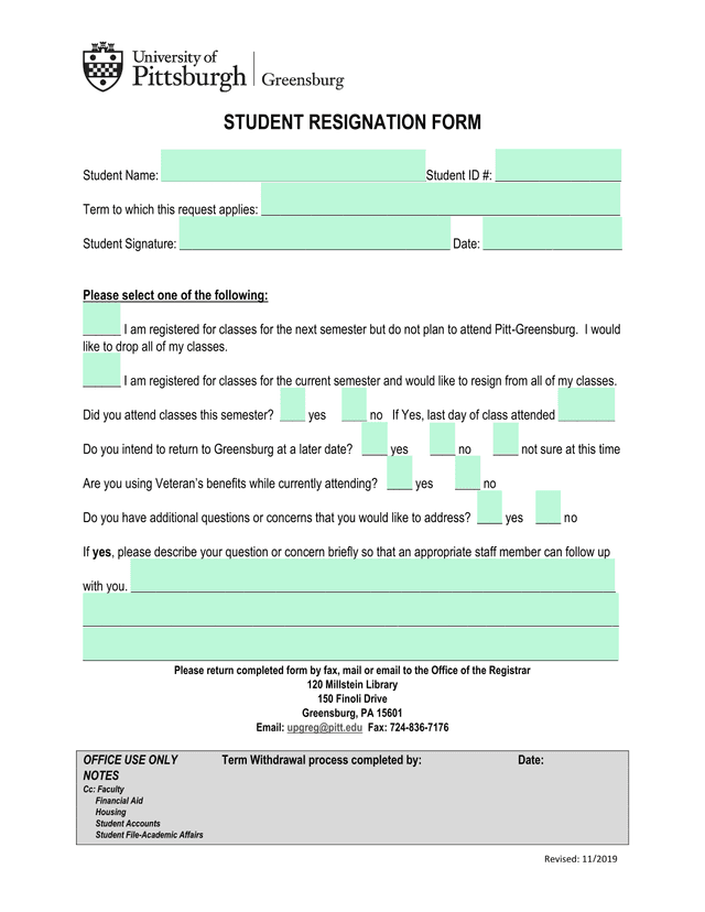 STUDENT RESIGNATION FORM screenshot
