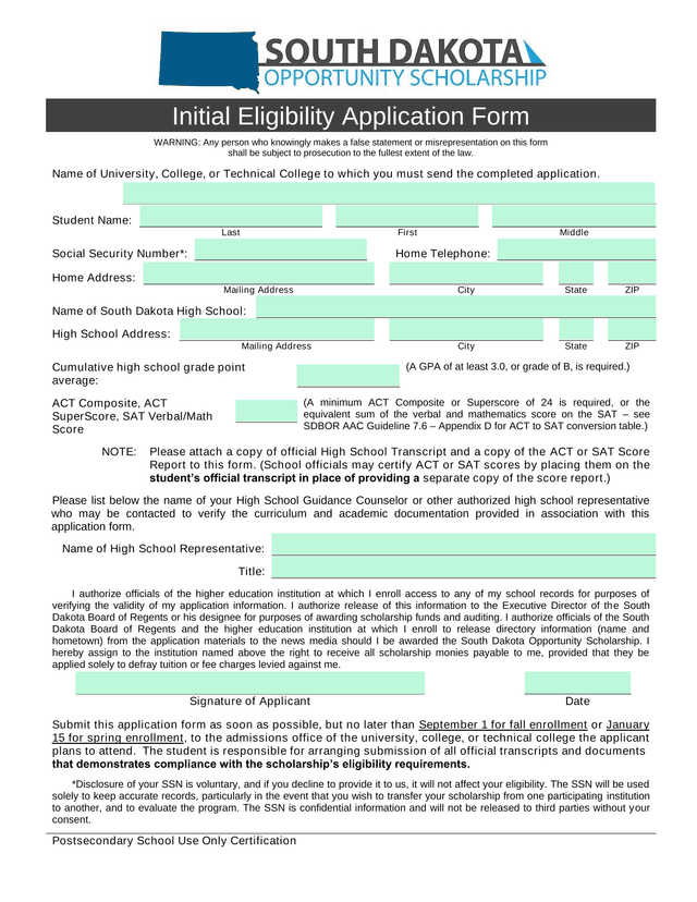 Initial Eligibility Application Form screenshot