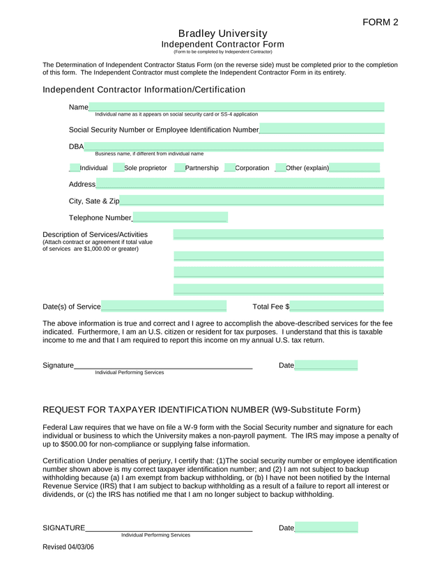 Bradley University Independent Contractor Form screenshot