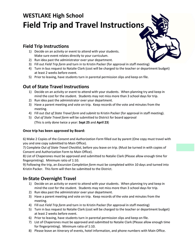 Westlake High School Field Trip And Travel Instructions screenshot