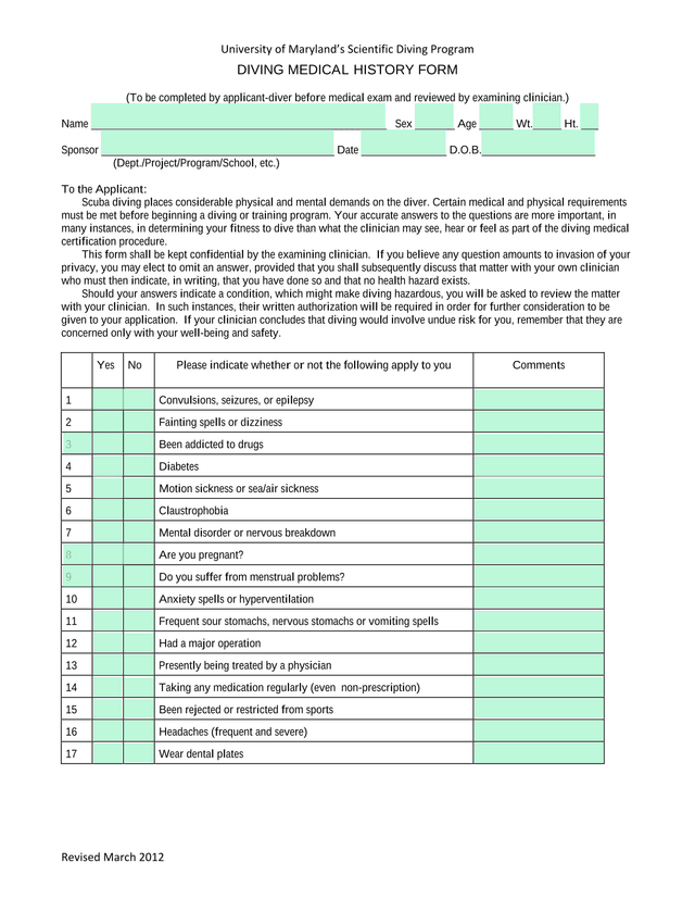 Diving Medical History Form screenshot