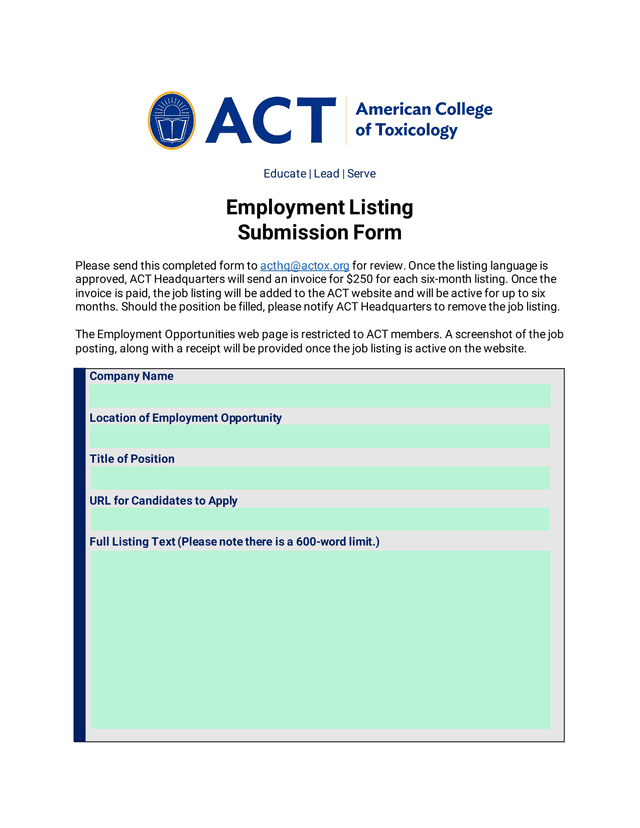Employment Listing Submission Form screenshot