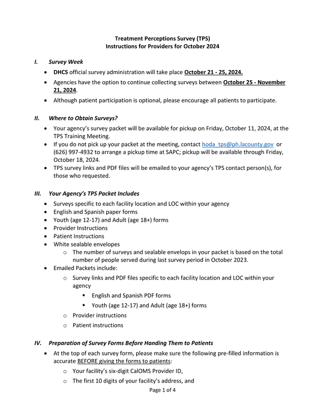 Treatment Perceptions Survey (TPS) Instructions For Providers For October 2024 screenshot