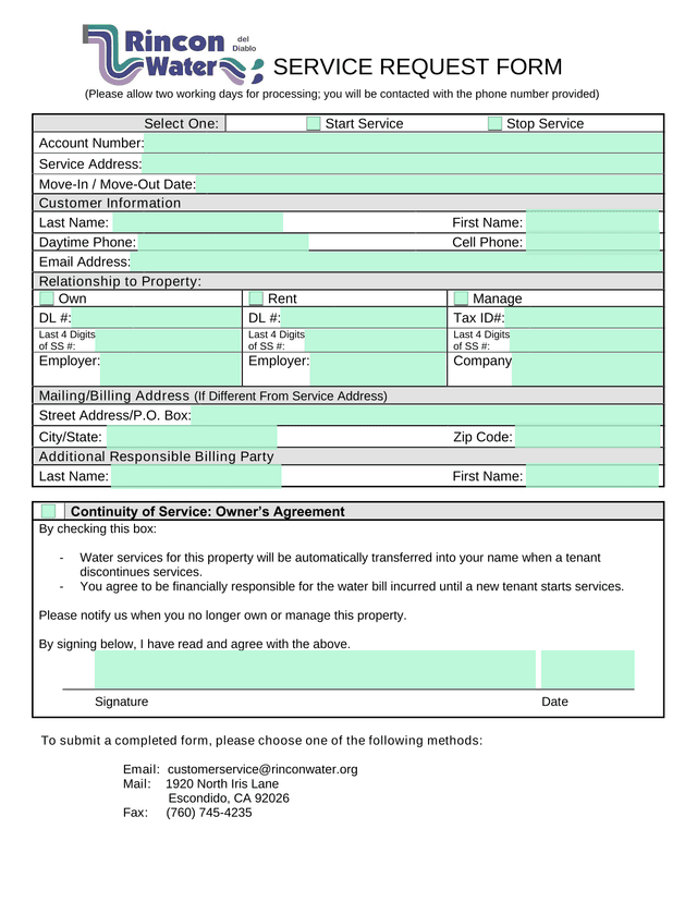 SERVICE REQUEST FORM screenshot