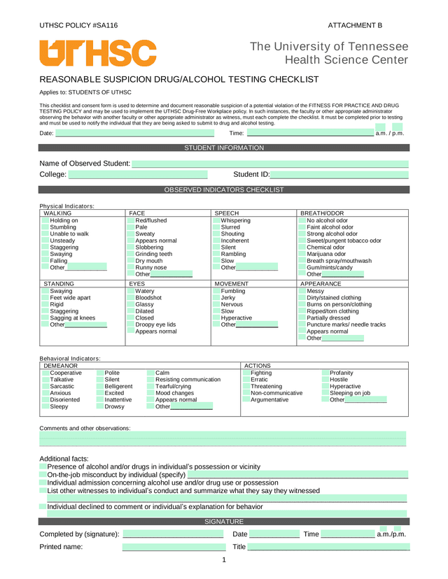 UTHSC Reasonable Suspicion DrugAlcohol Testing Checklist screenshot