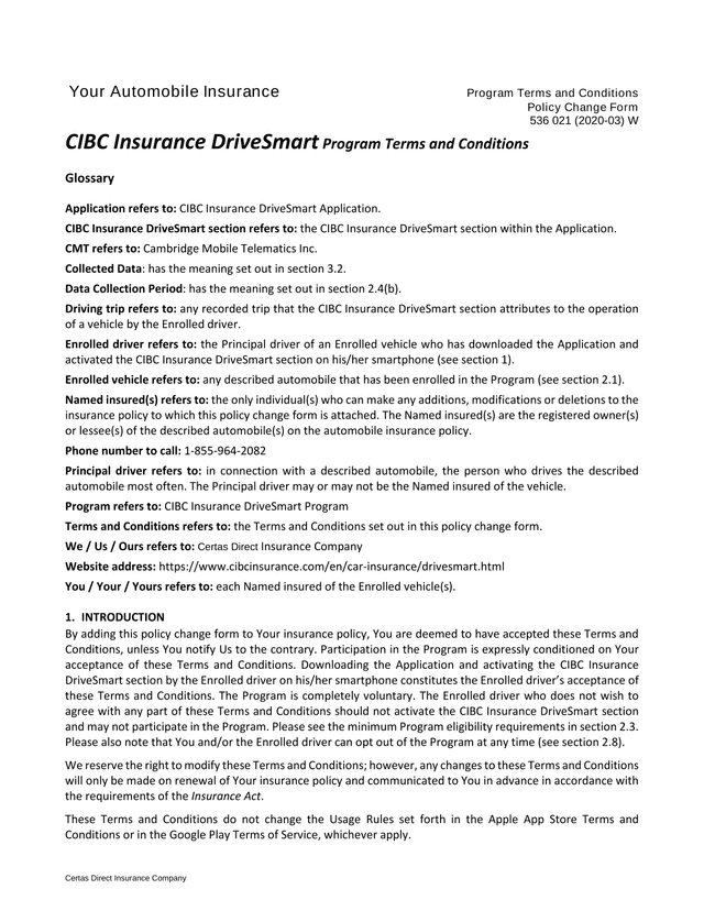CIBC Insurance DriveSmart Program Terms And Conditions screenshot