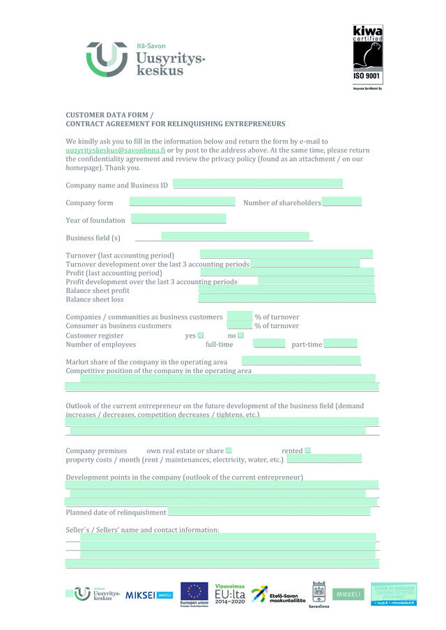 Customer Data Form  Contract Agreement For Relinquishing Entrepreneurs screenshot