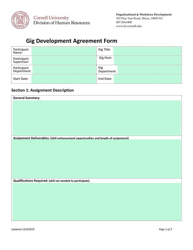 Gig Development Agreement Form screenshot