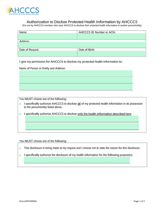 Authorization To Disclose Protected Health Information By AHCCCS screenshot