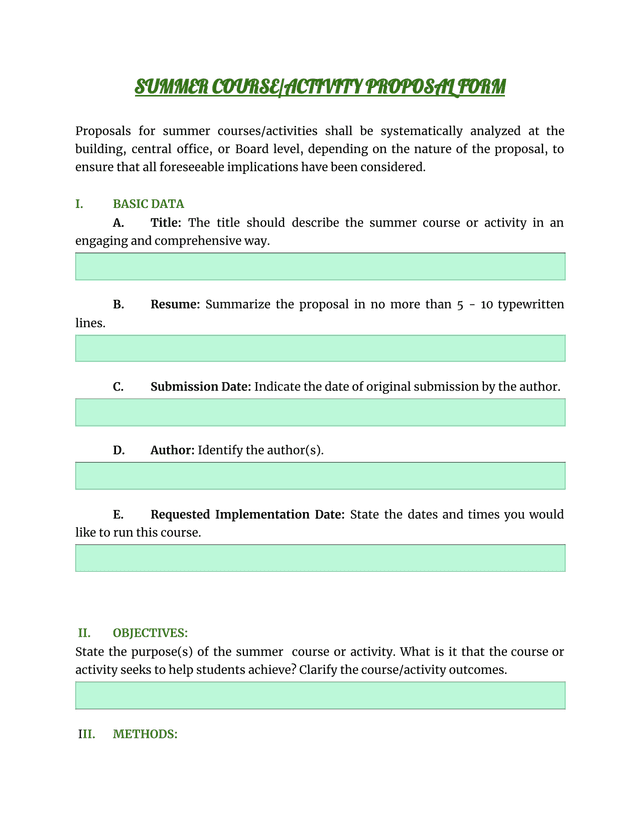 SUMMER COURSEACTIVITY PROPOSAL FORM screenshot
