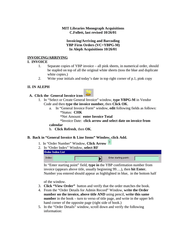 MIT Libraries Monograph Acquisitions InvoicingArriving And Barcoding Procedure screenshot