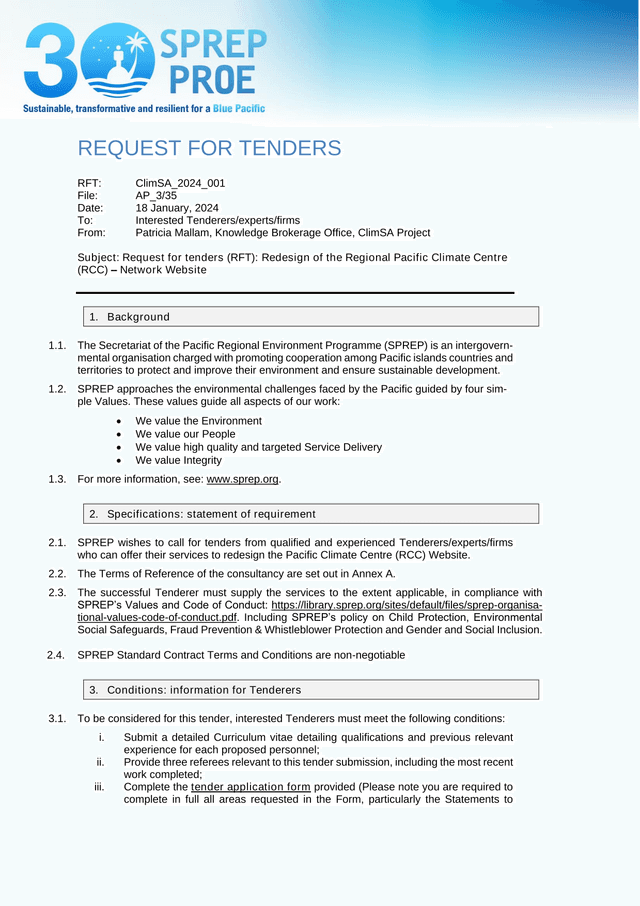 Request For Tenders Redesign Of The Regional Pacific Climate Centre (RCC)  Network Website screenshot