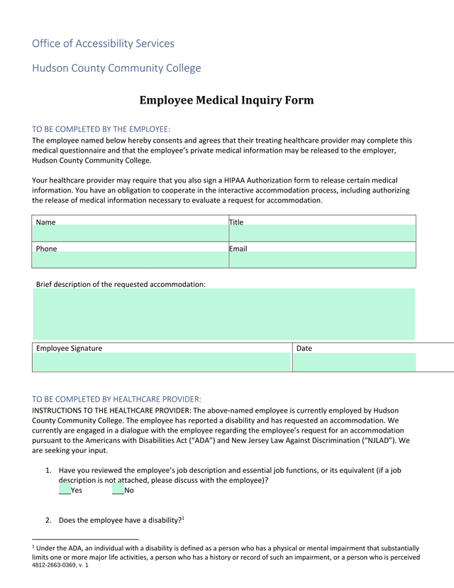 Employee Medical Inquiry Form screenshot