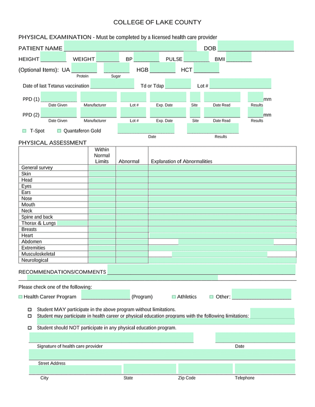 Physical Examination Form screenshot