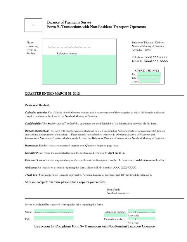 Balance Of Payments Survey Form 9Transactions With Non Resident Transport Operators screenshot