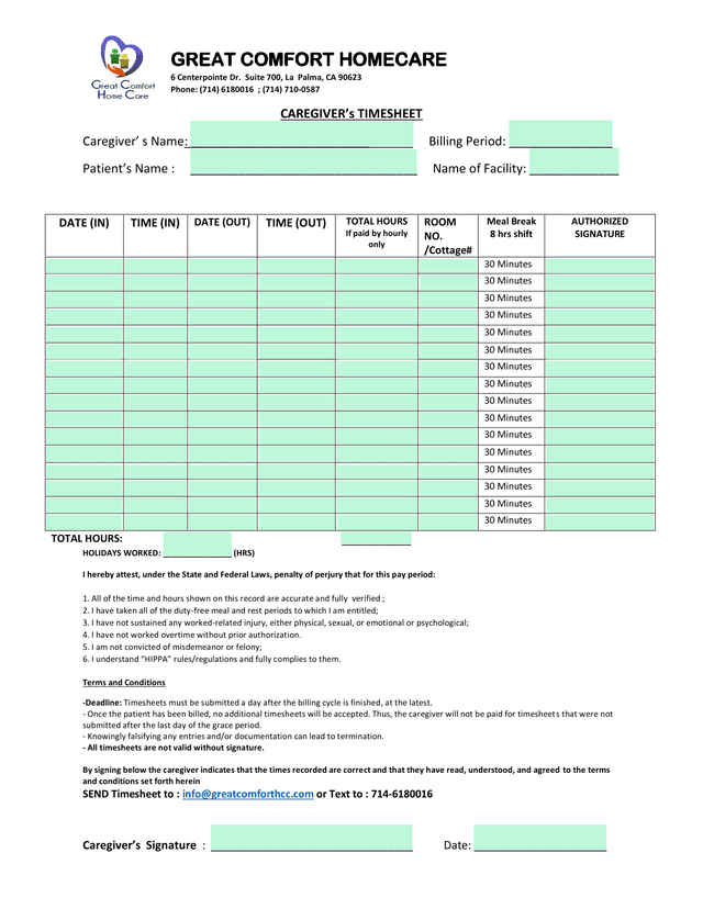 CAREGIVERS TIMESHEET screenshot