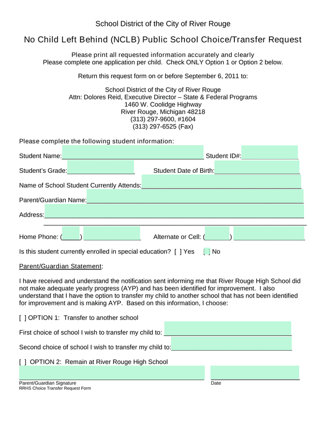No Child Left Behind (NCLB) Public School ChoiceTransfer Request screenshot